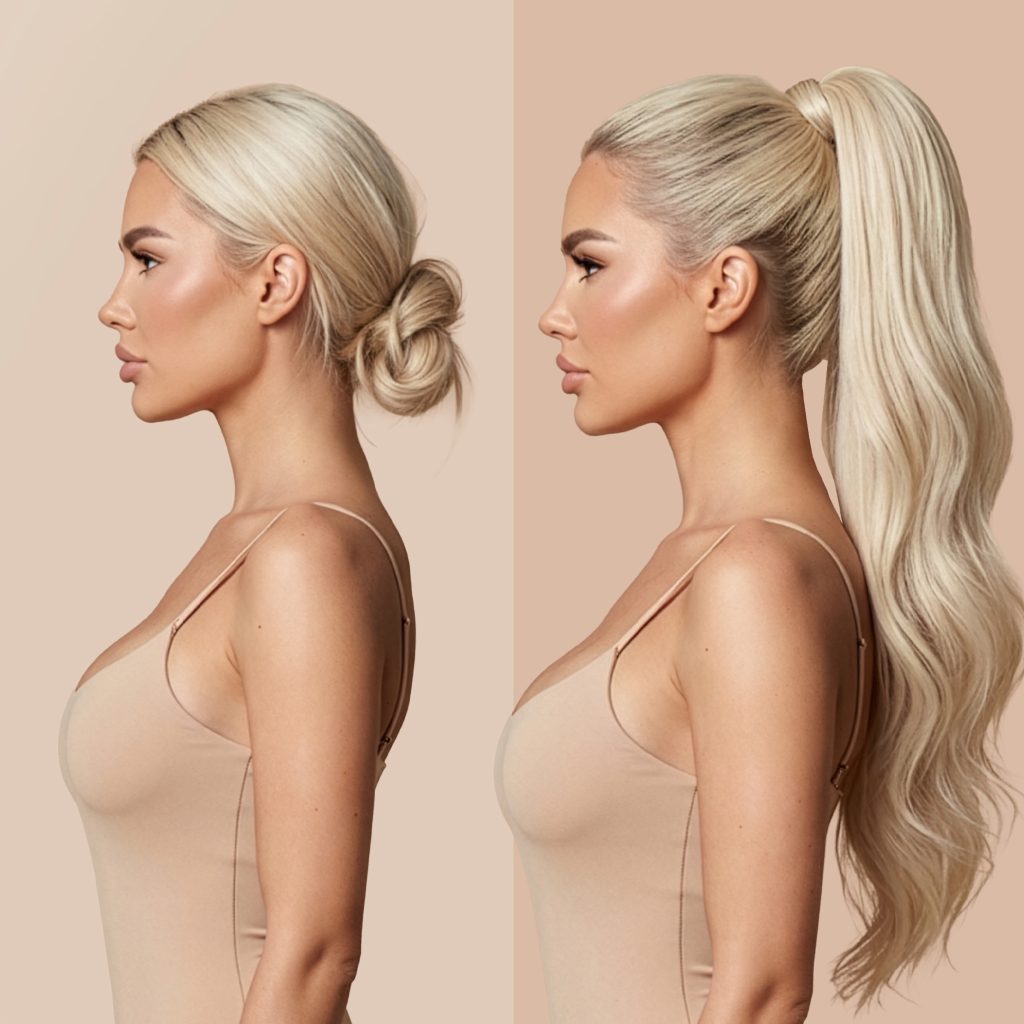 Model sa punđom i sa ponytail ekstenzijom u nijansi Bleach Blonde