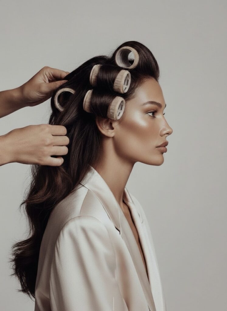 Model sa dugom tamnom kosom u viklerima tokom stilizovanja u salonu Studio Extension